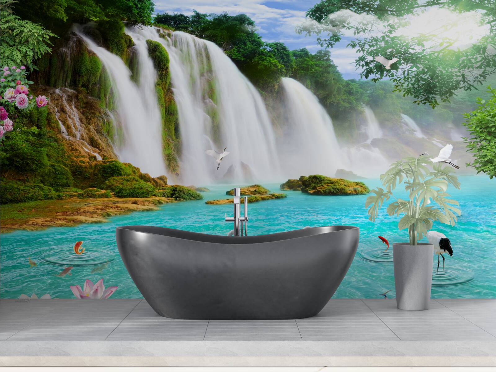 Fototapeta voda pri vodopáde s labuťami má krištáľovo modrý odtieň