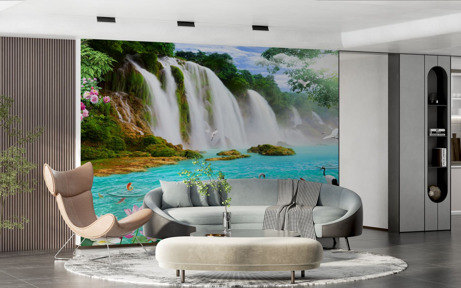 Fototapeta voda pri vodopáde s labuťami má krištáľovo modrý odtieň