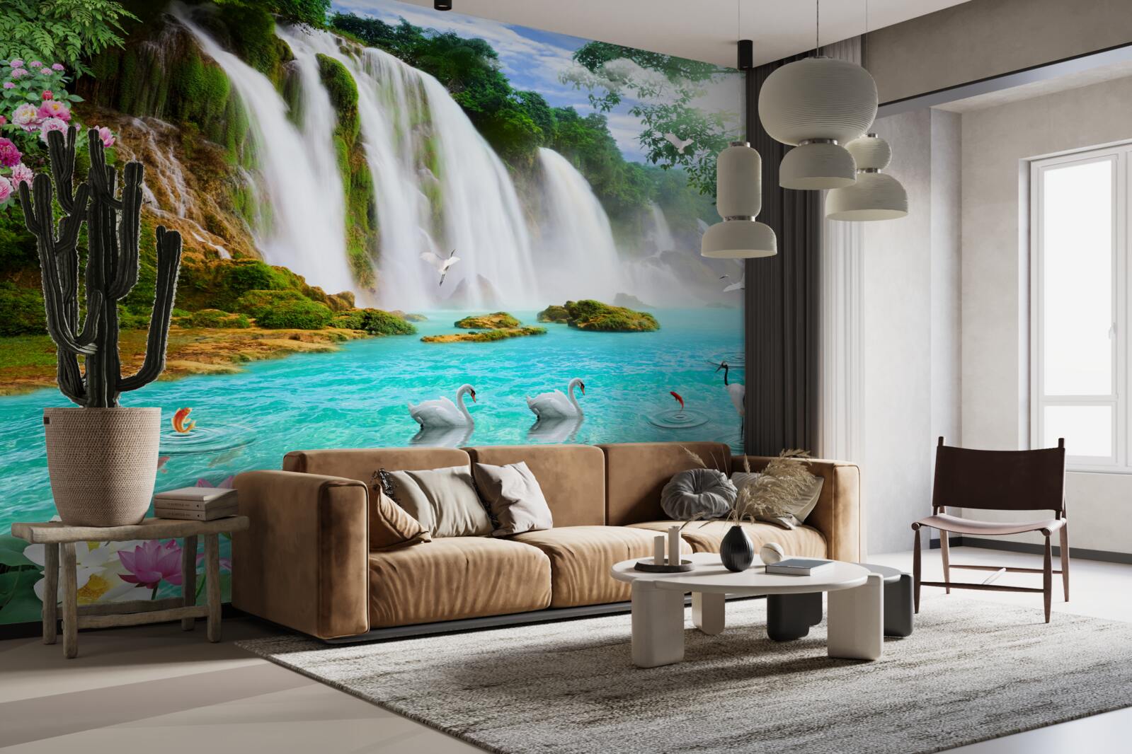 Fototapeta voda pri vodopáde s labuťami má krištáľovo modrý odtieň