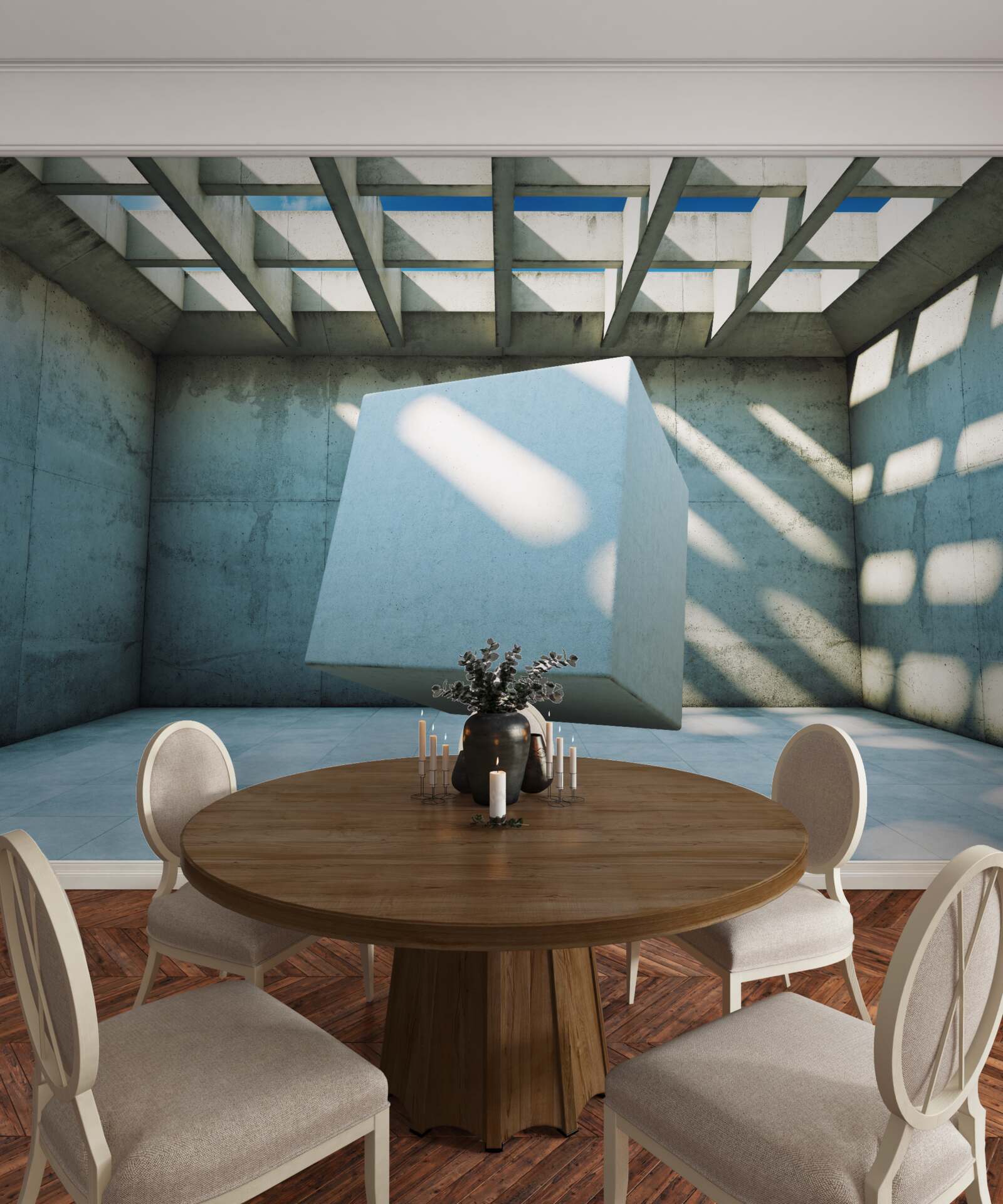 Fototapeta 3D kocka plávajúca v osvetlenej miestnosti