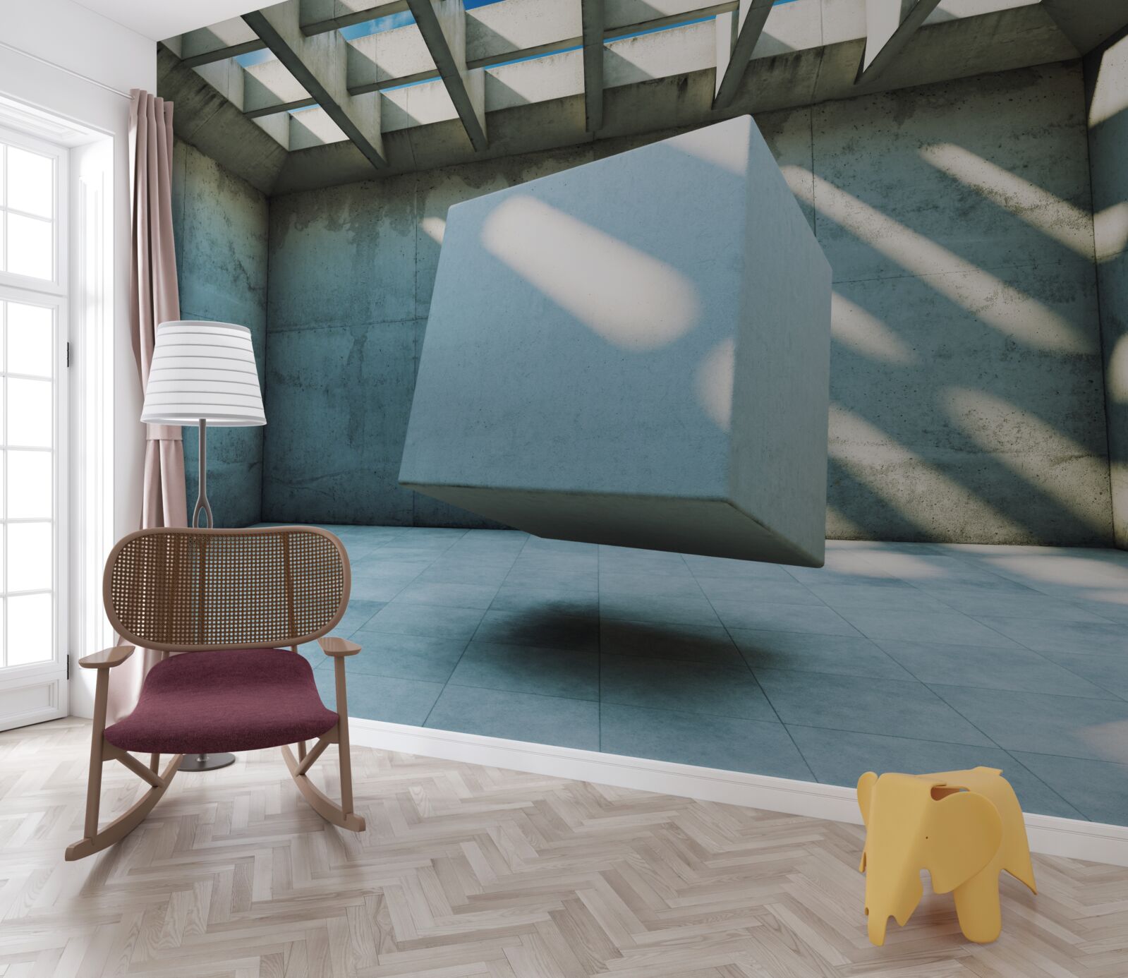 Fototapeta 3D kocka plávajúca v osvetlenej miestnosti