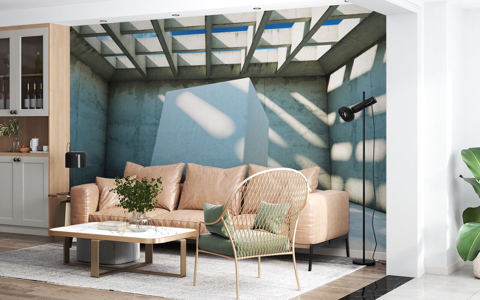 Fototapeta 3D kocka plávajúca v osvetlenej miestnosti