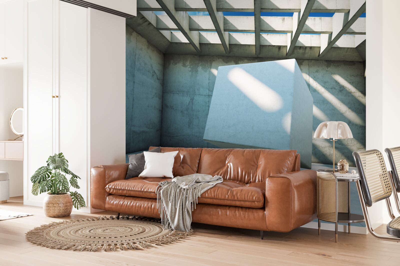 Fototapeta 3D kocka plávajúca v osvetlenej miestnosti