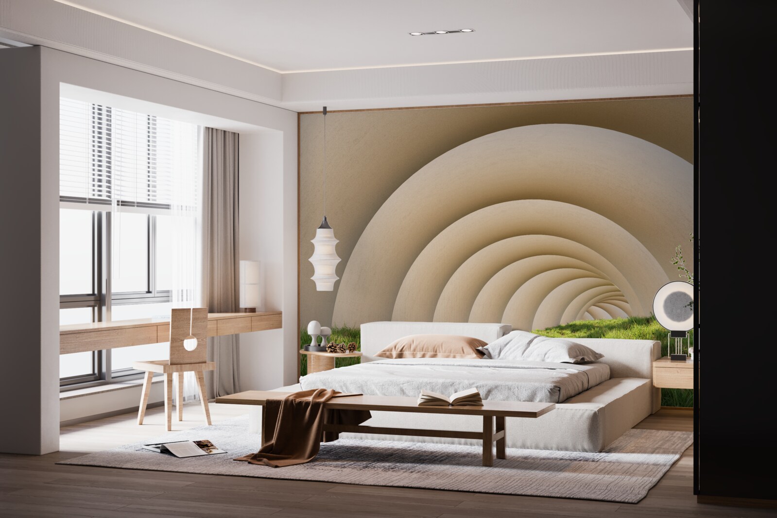 Fototapeta zelená tráva pod zakrivenými líniami širokých oblúkov