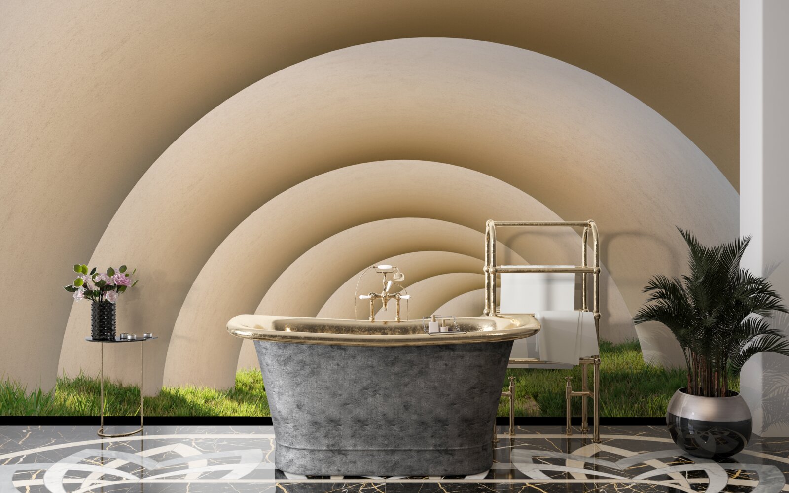 Fototapeta zelená tráva pod zakrivenými líniami širokých oblúkov