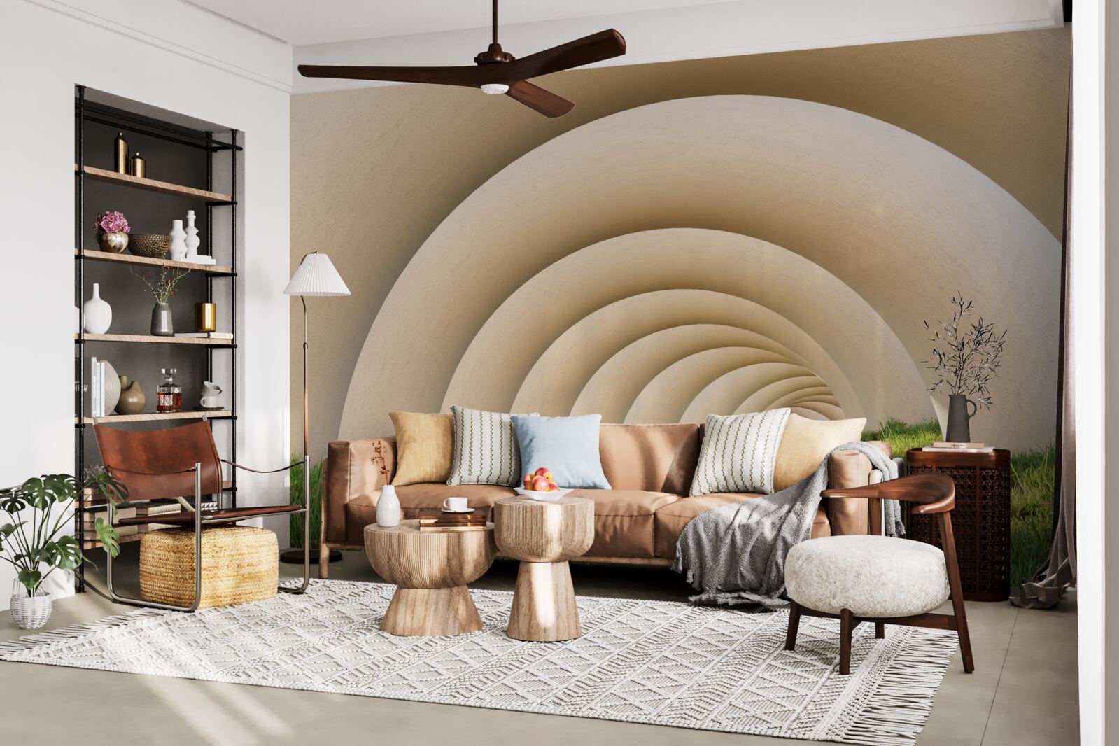 Fototapeta zelená tráva pod zakrivenými líniami širokých oblúkov