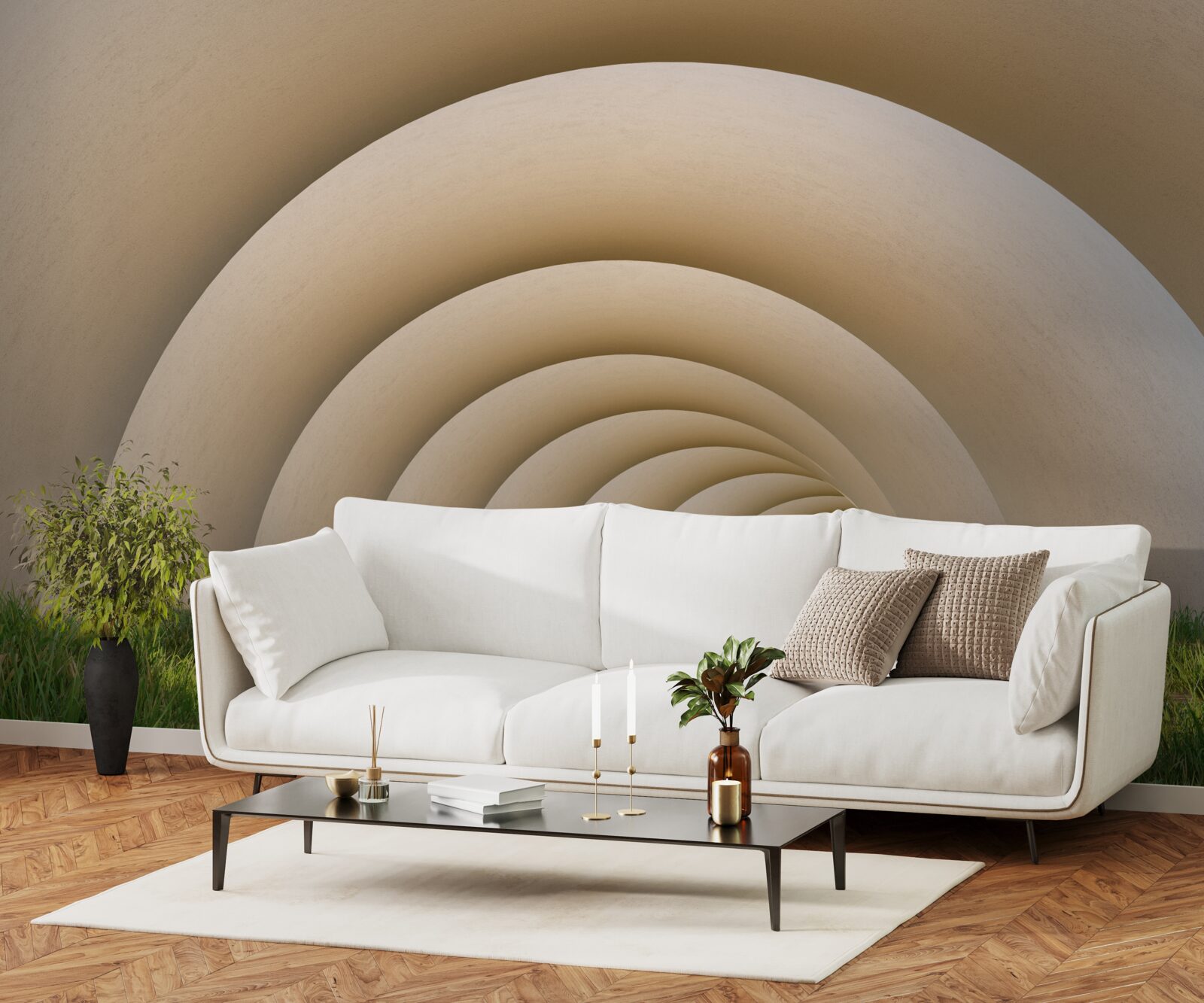 Fototapeta zelená tráva pod zakrivenými líniami širokých oblúkov