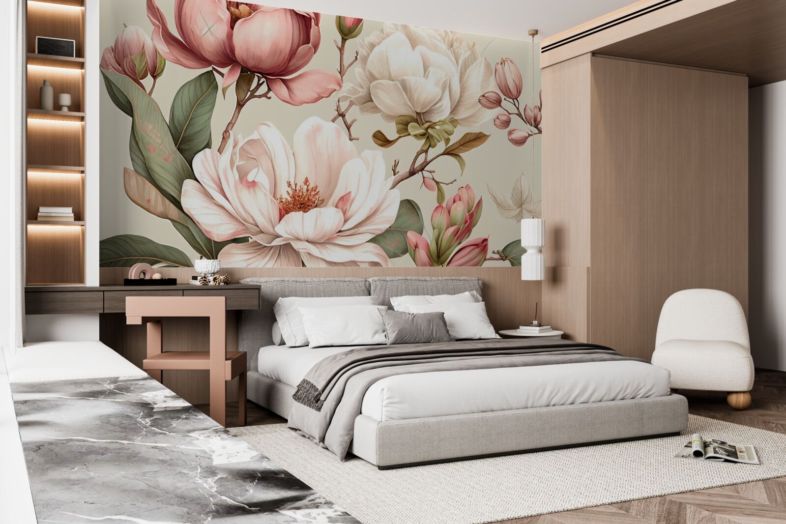 Fototapeta magnólie v odtieňoch červenej a bielej na konároch