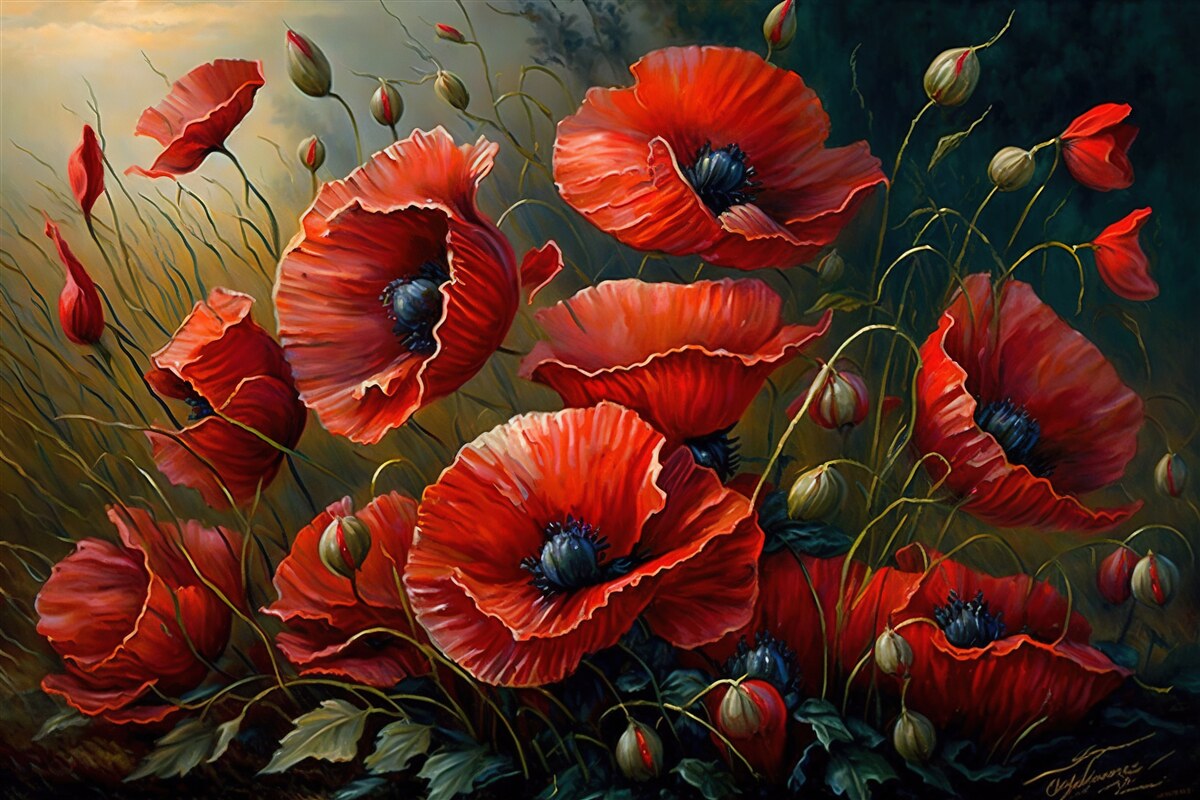 Fototapeta plantáž jasných makov počas búrky