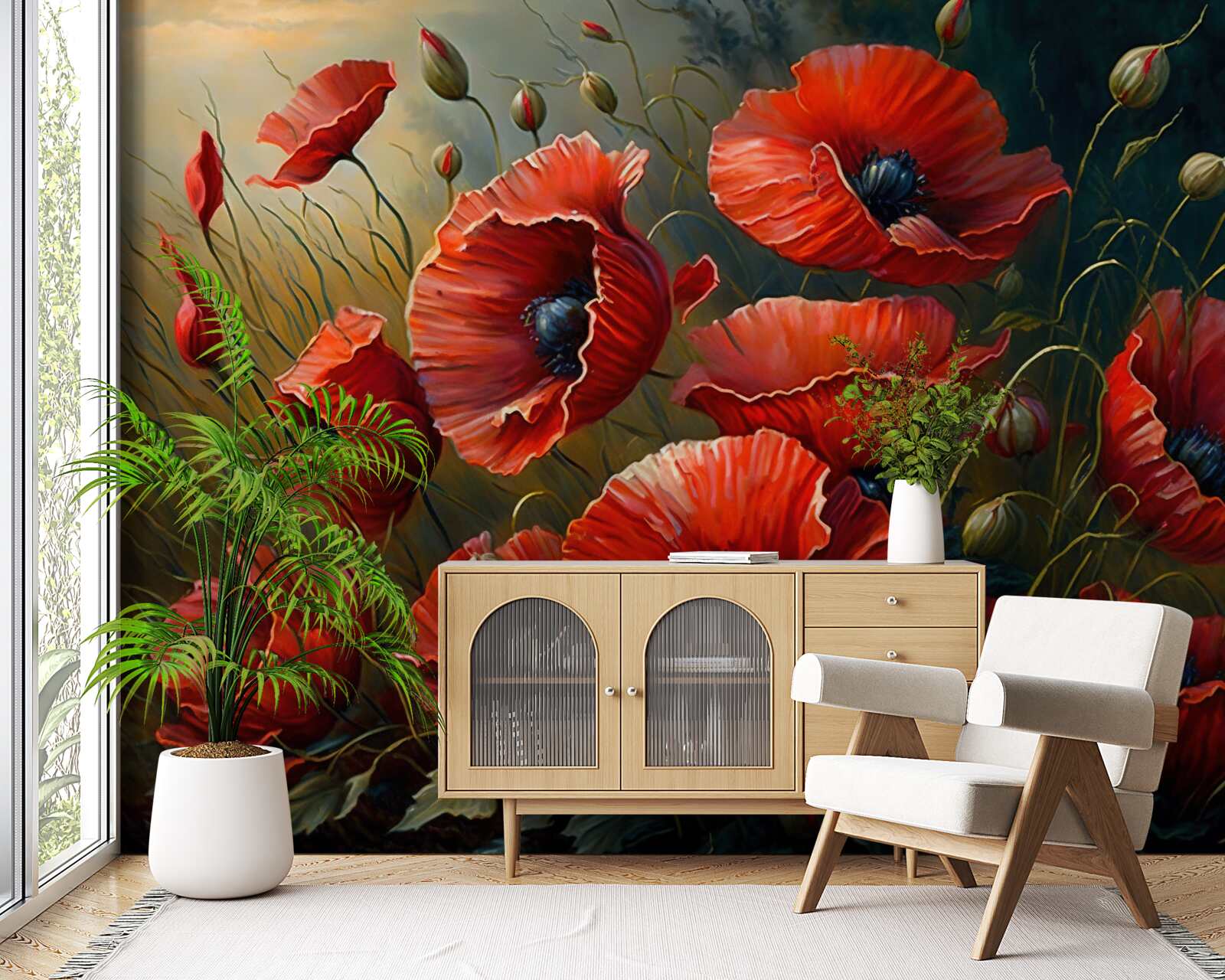 Fototapeta plantáž jasných makov počas búrky