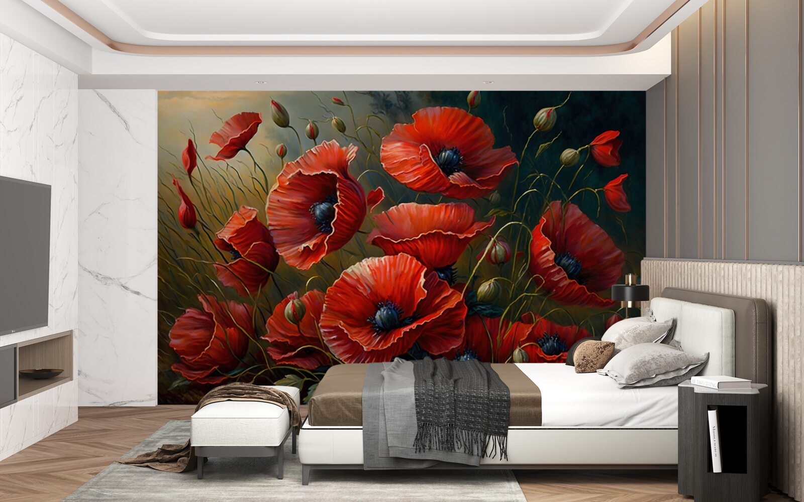 Fototapeta plantáž jasných makov počas búrky