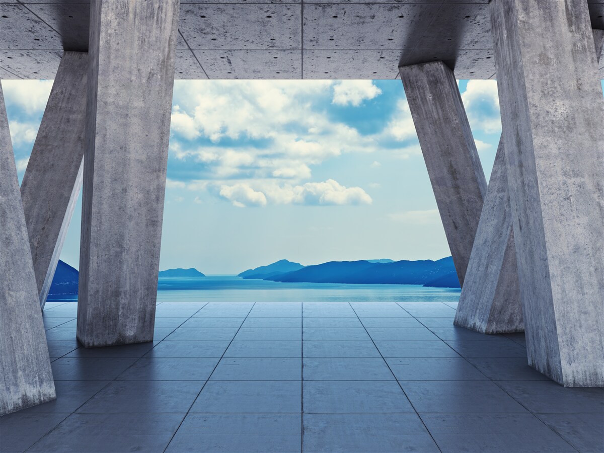 Fototapeta Oblúky z betónu, otvárajúce panorámu hôr a neba