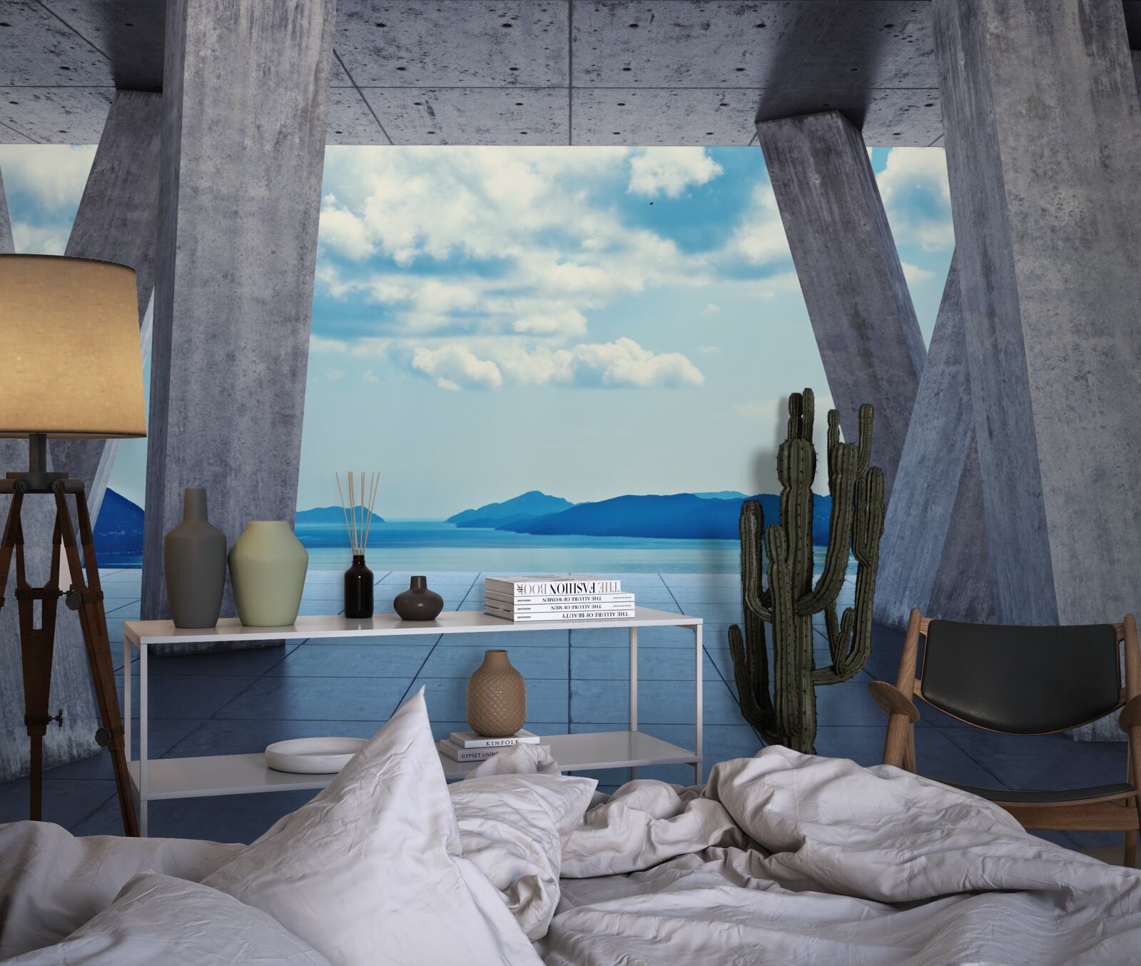 Fototapeta Oblúky z betónu, otvárajúce panorámu hôr a neba