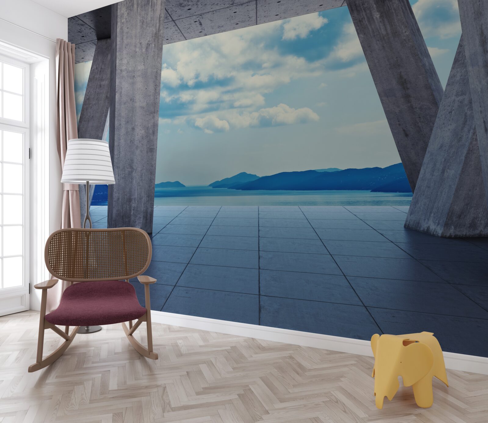 Fototapeta Oblúky z betónu, otvárajúce panorámu hôr a neba