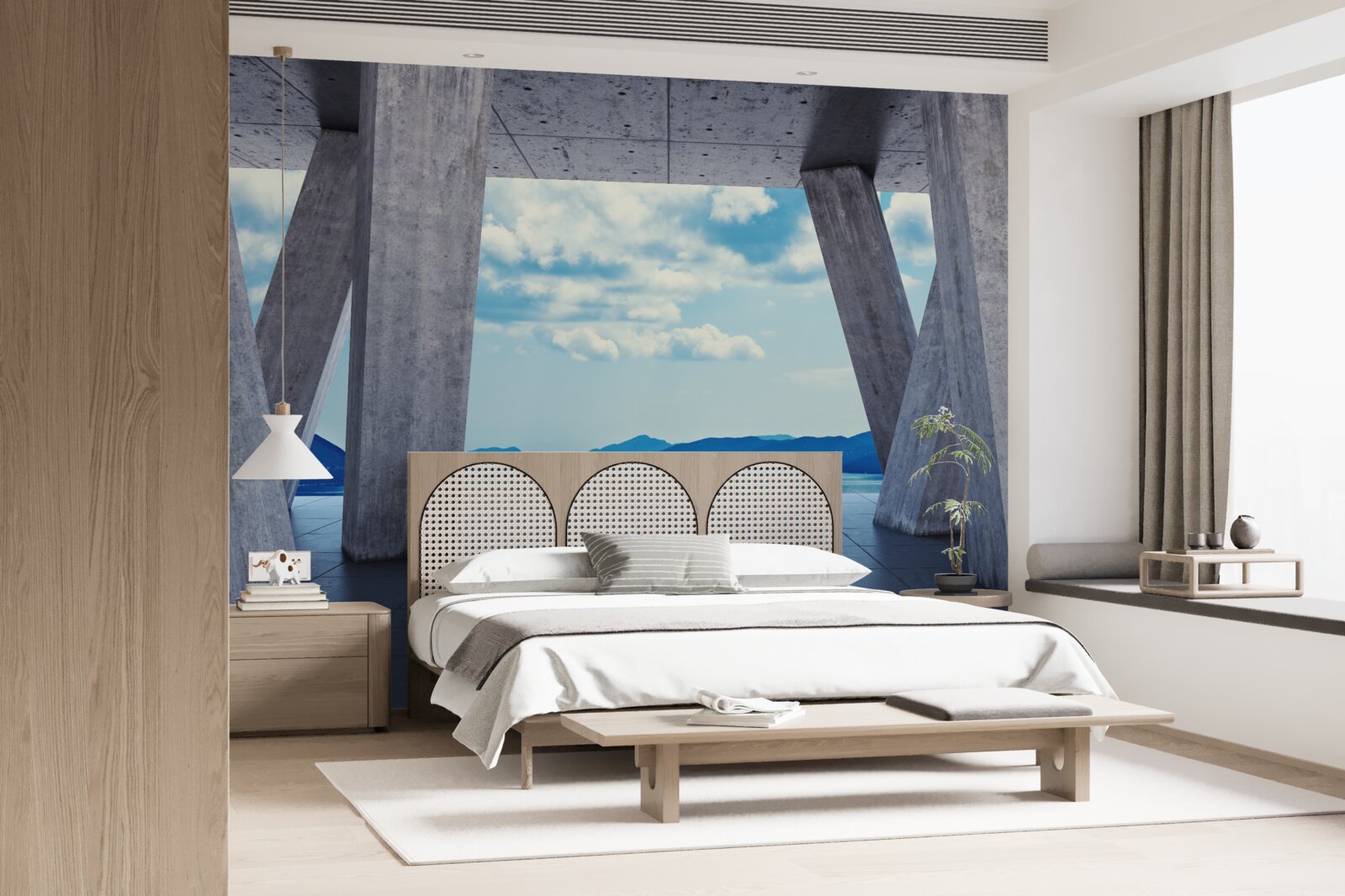 Fototapeta Oblúky z betónu, otvárajúce panorámu hôr a neba