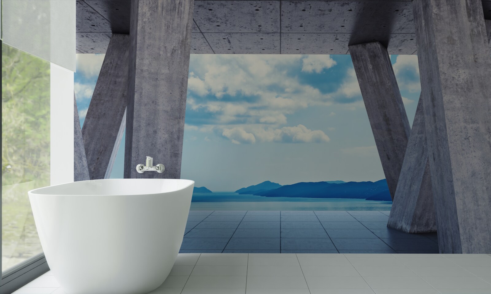 Fototapeta Oblúky z betónu, otvárajúce panorámu hôr a neba