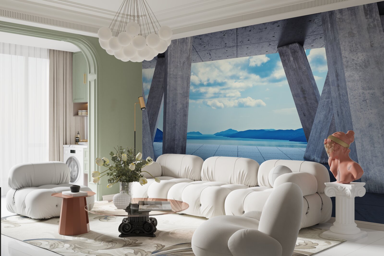 Fototapeta Oblúky z betónu, otvárajúce panorámu hôr a neba