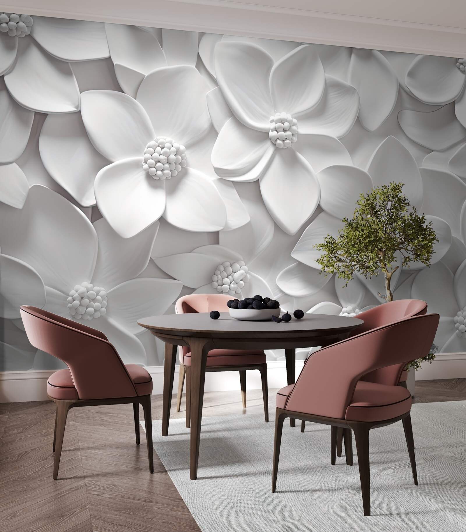 Fototapeta biele kvety kombinované v basreliéfe