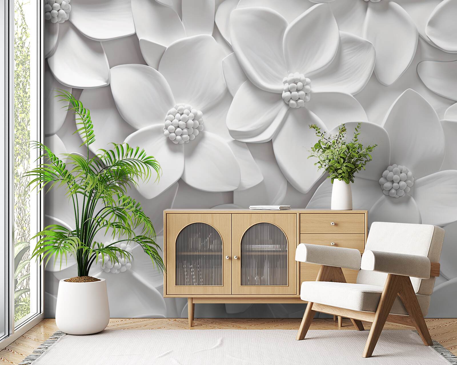 Fototapeta biele kvety kombinované v basreliéfe