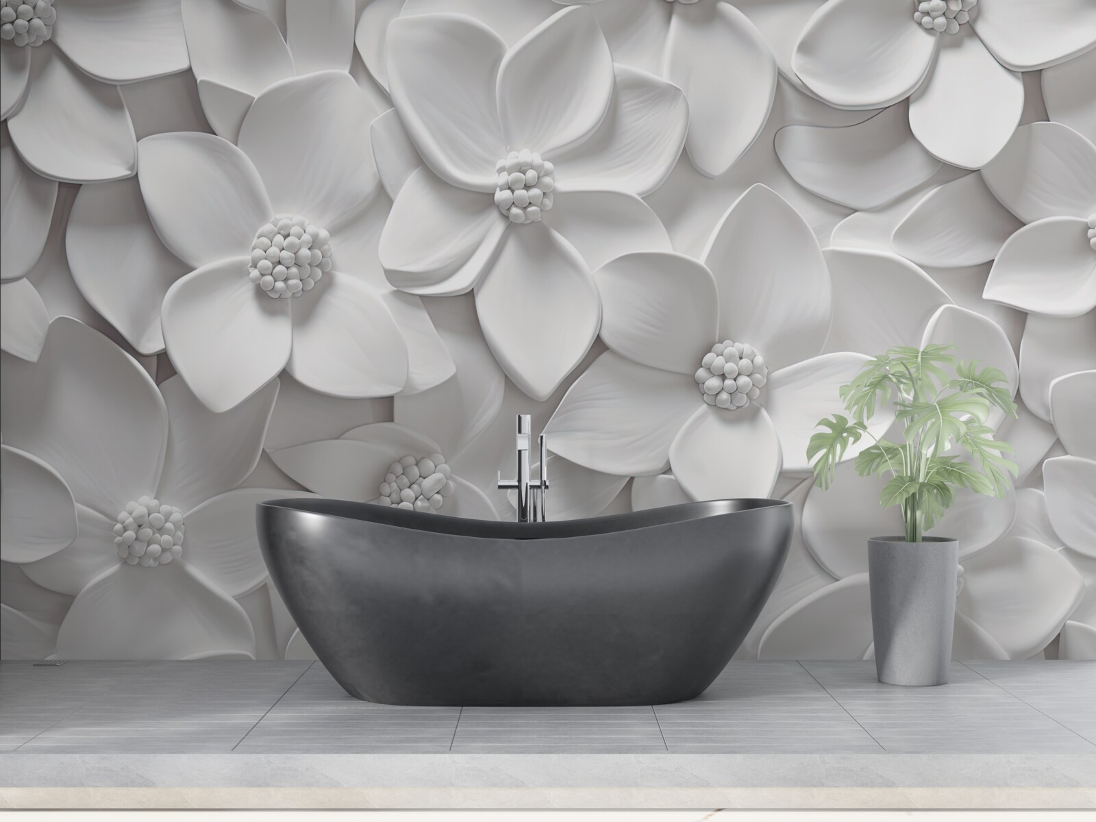 Fototapeta biele kvety kombinované v basreliéfe