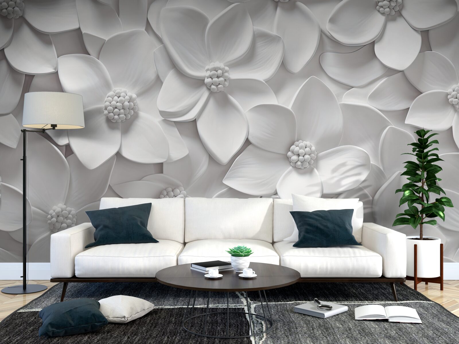 Fototapeta biele kvety kombinované v basreliéfe