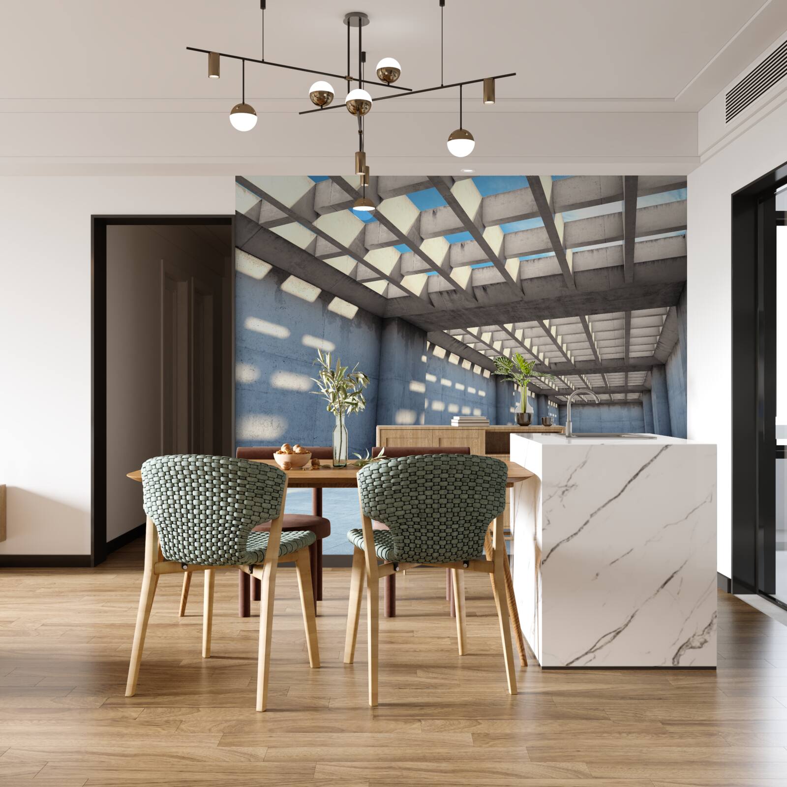 Fototapeta svetlom presvetlená sála so stropom z priehľadného dreva