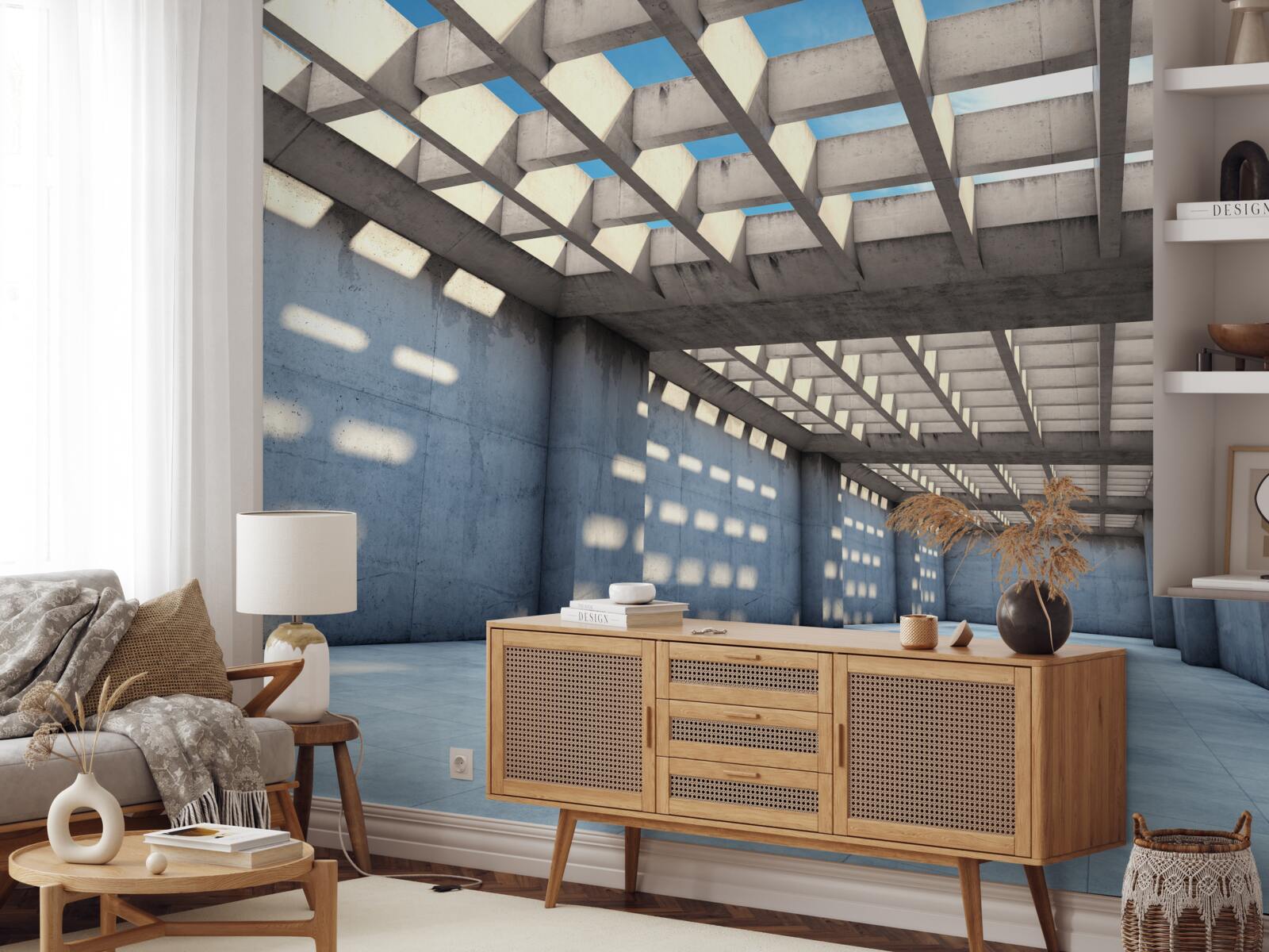 Fototapeta svetlom presvetlená sála so stropom z priehľadného dreva