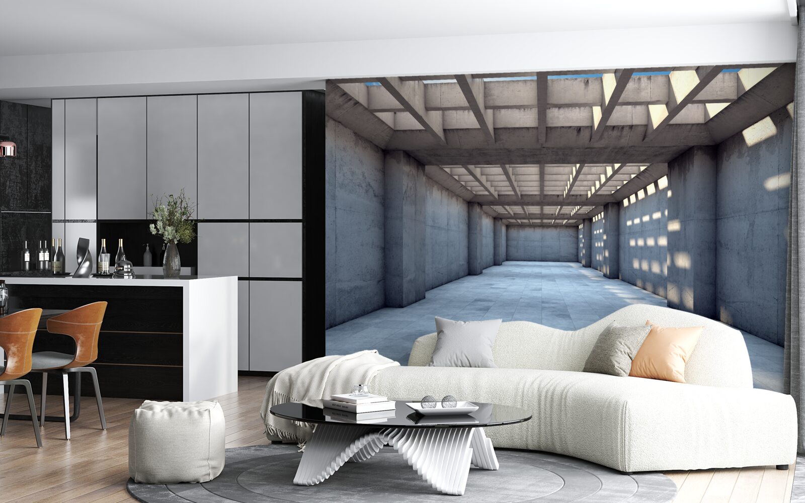 Fototapeta chodba osvetlená jasným svetlom so stropom pokrytým dreveným roštom