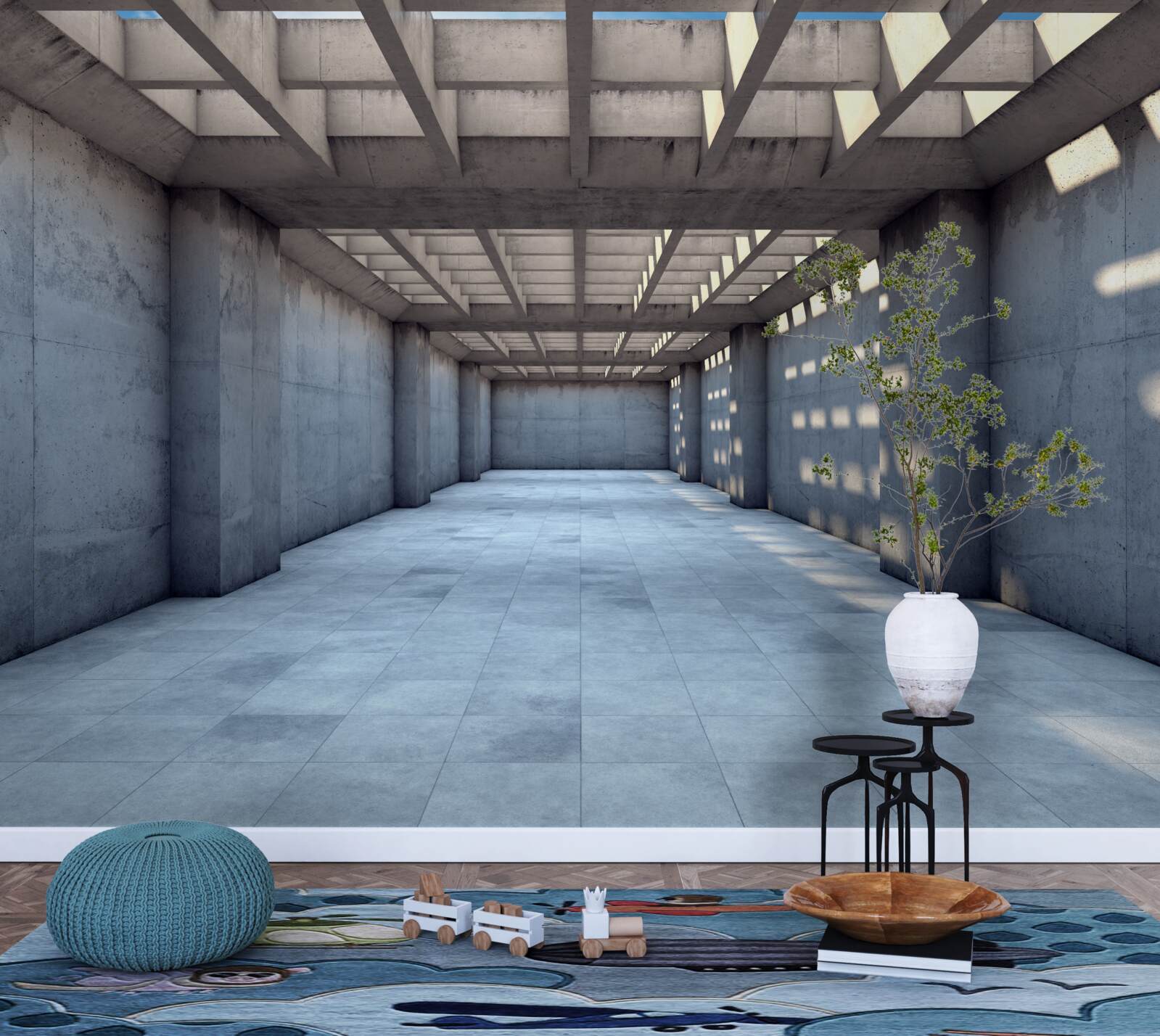 Fototapeta chodba osvetlená jasným svetlom so stropom pokrytým dreveným roštom