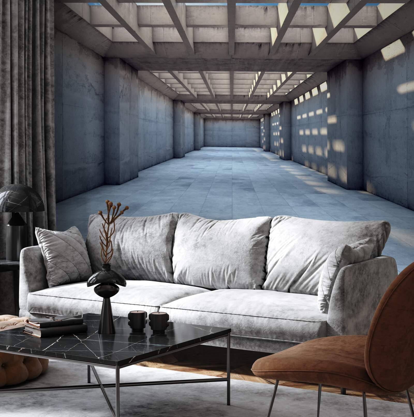 Fototapeta chodba osvetlená jasným svetlom so stropom pokrytým dreveným roštom