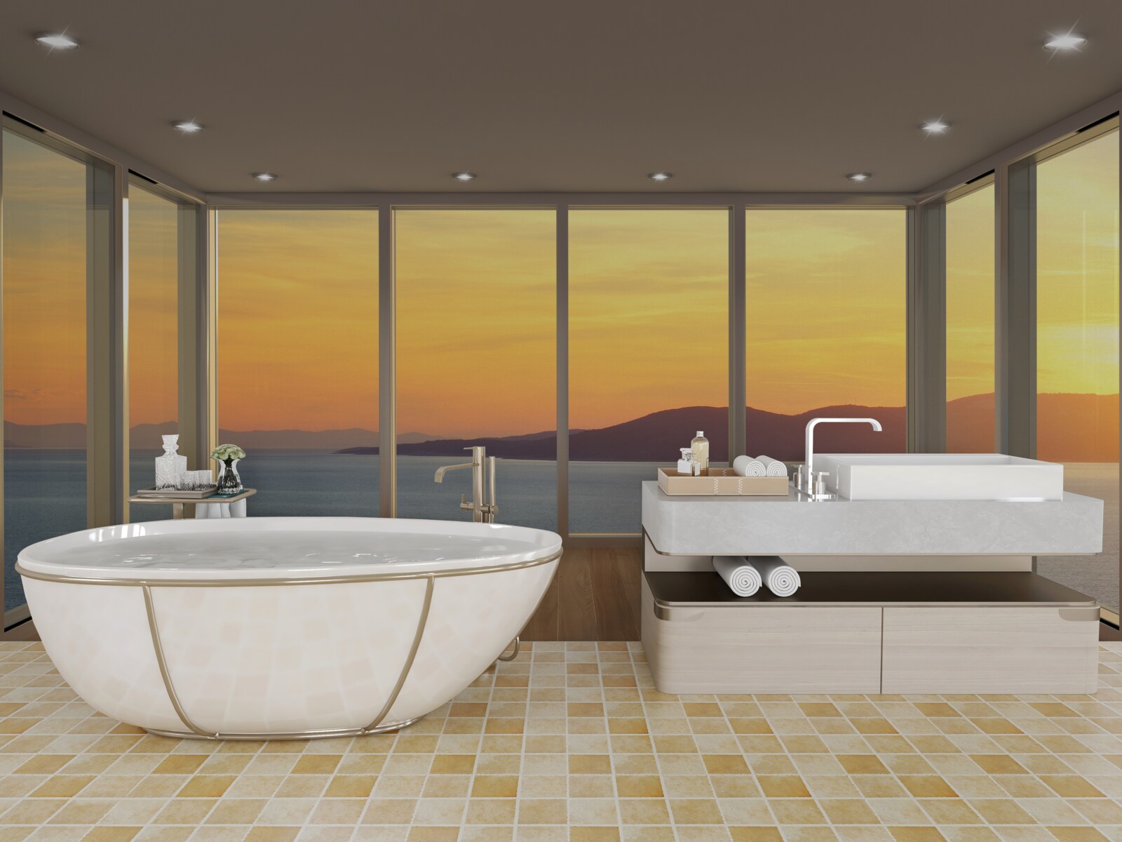 Fototapeta neuveriteľne krásna krajina západu slnka a mora z panoramatických okien