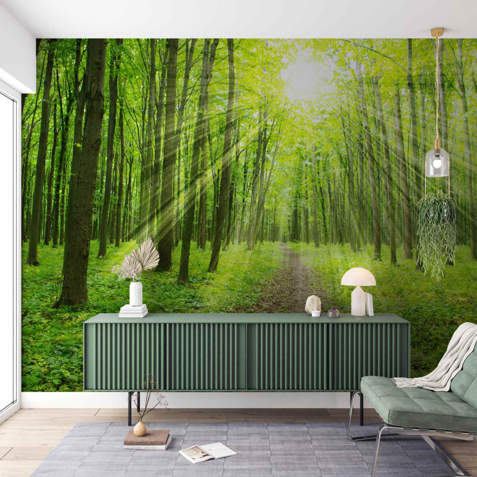 Fototapeta slnečné lúče v sviežom zelenom lese jasne osvetľujú všetko naokolo