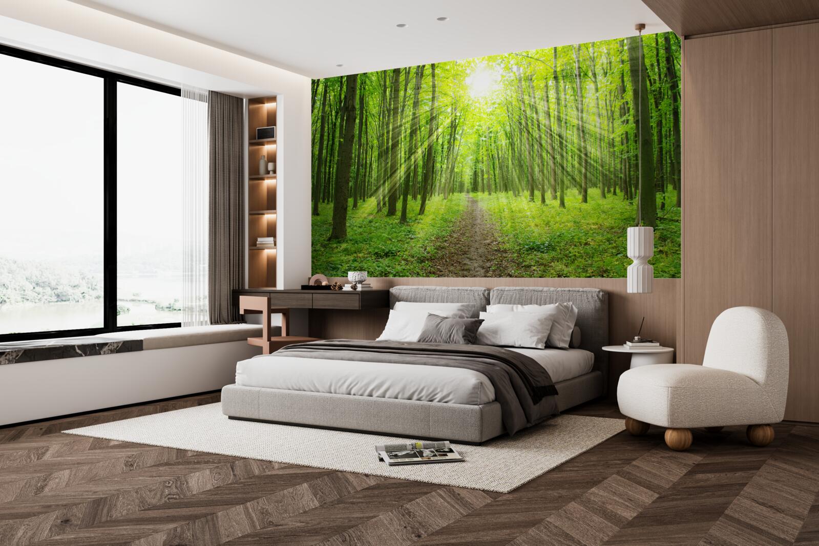 Fototapeta slnečné lúče v sviežom zelenom lese jasne osvetľujú všetko naokolo