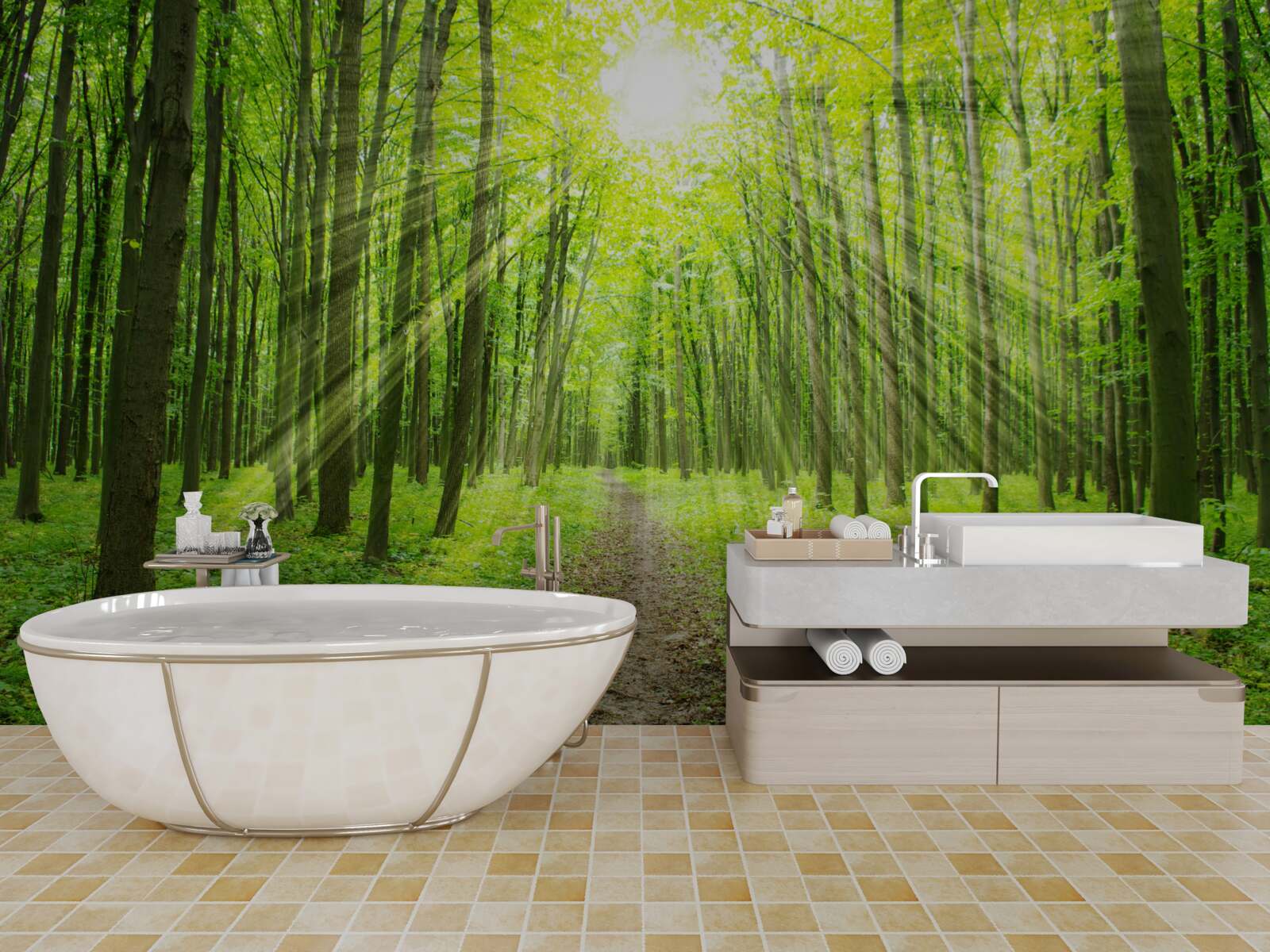 Fototapeta slnečné lúče v sviežom zelenom lese jasne osvetľujú všetko naokolo