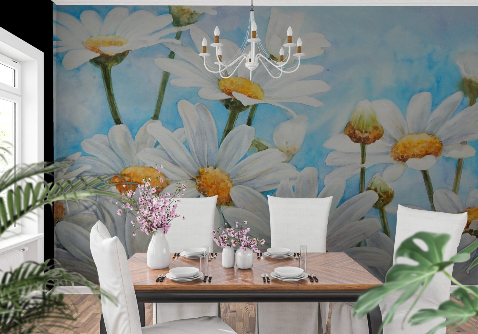 Fototapeta proti oblohe leží pole posiate bielymi letnými sedmokráskami