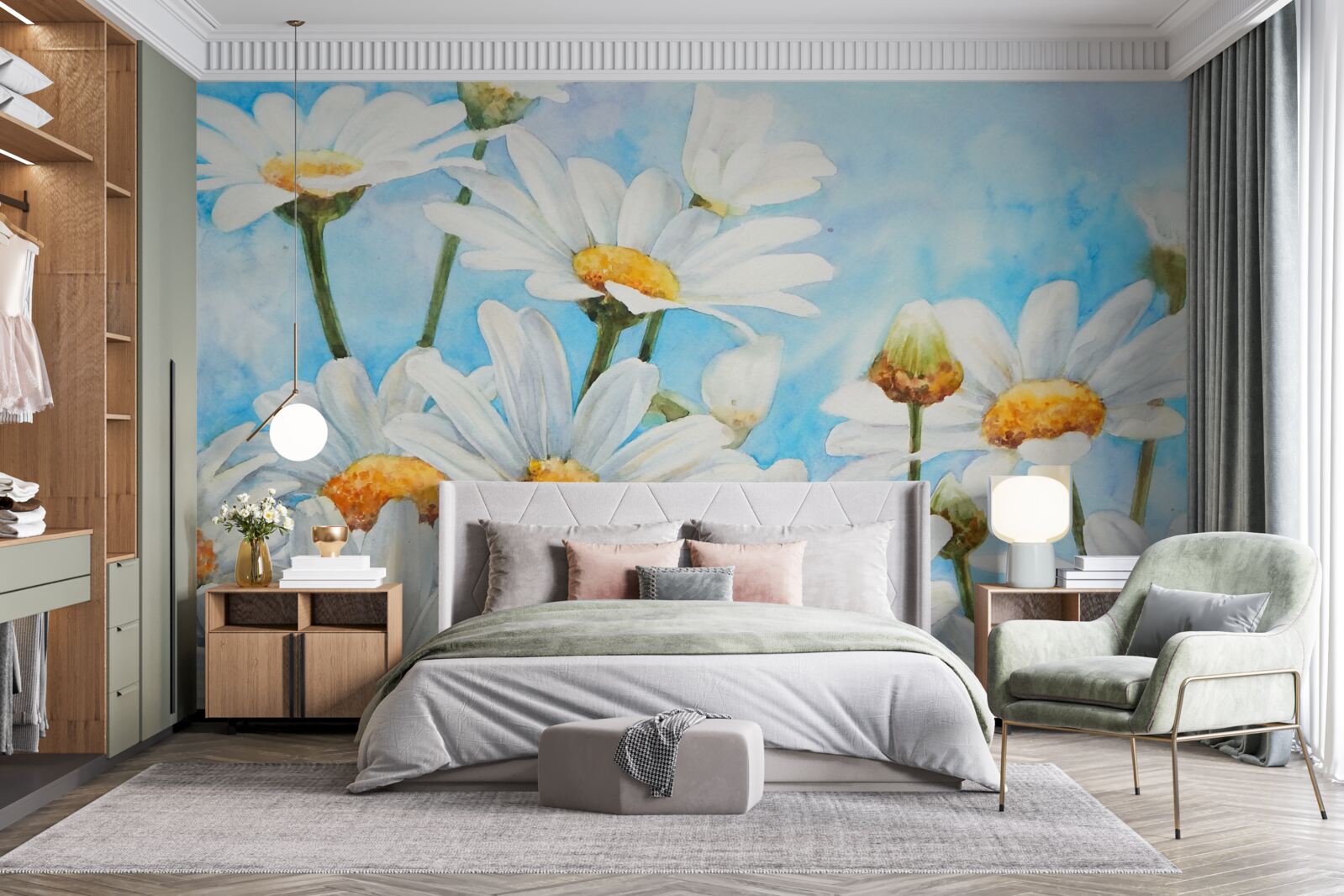 Fototapeta proti oblohe leží pole posiate bielymi letnými sedmokráskami