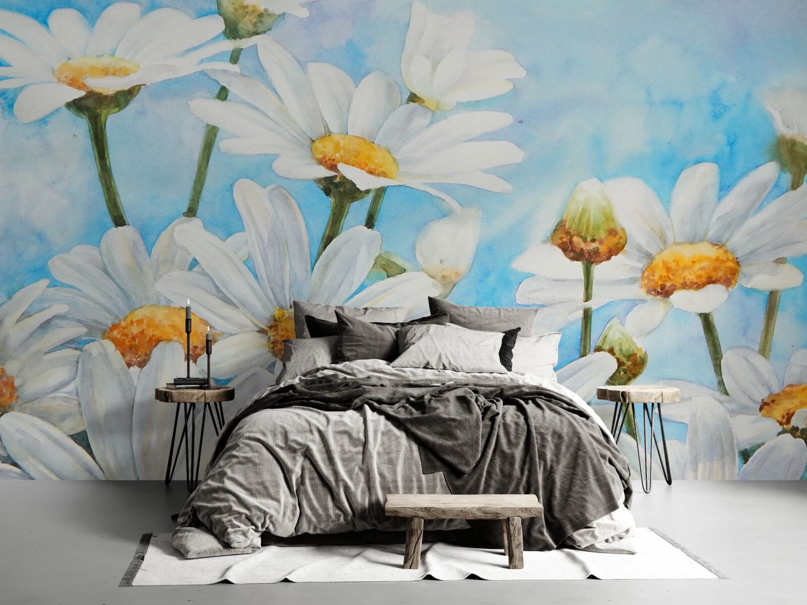 Fototapeta proti oblohe leží pole posiate bielymi letnými sedmokráskami