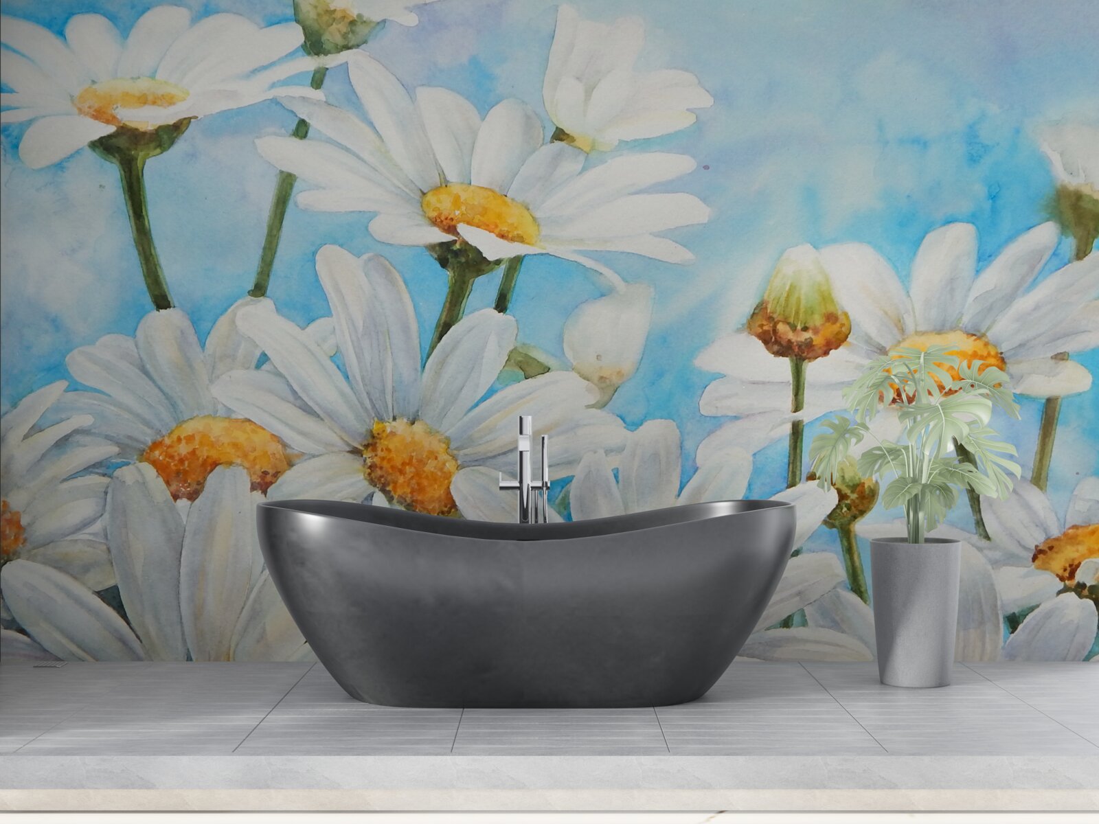 Fototapeta proti oblohe leží pole posiate bielymi letnými sedmokráskami