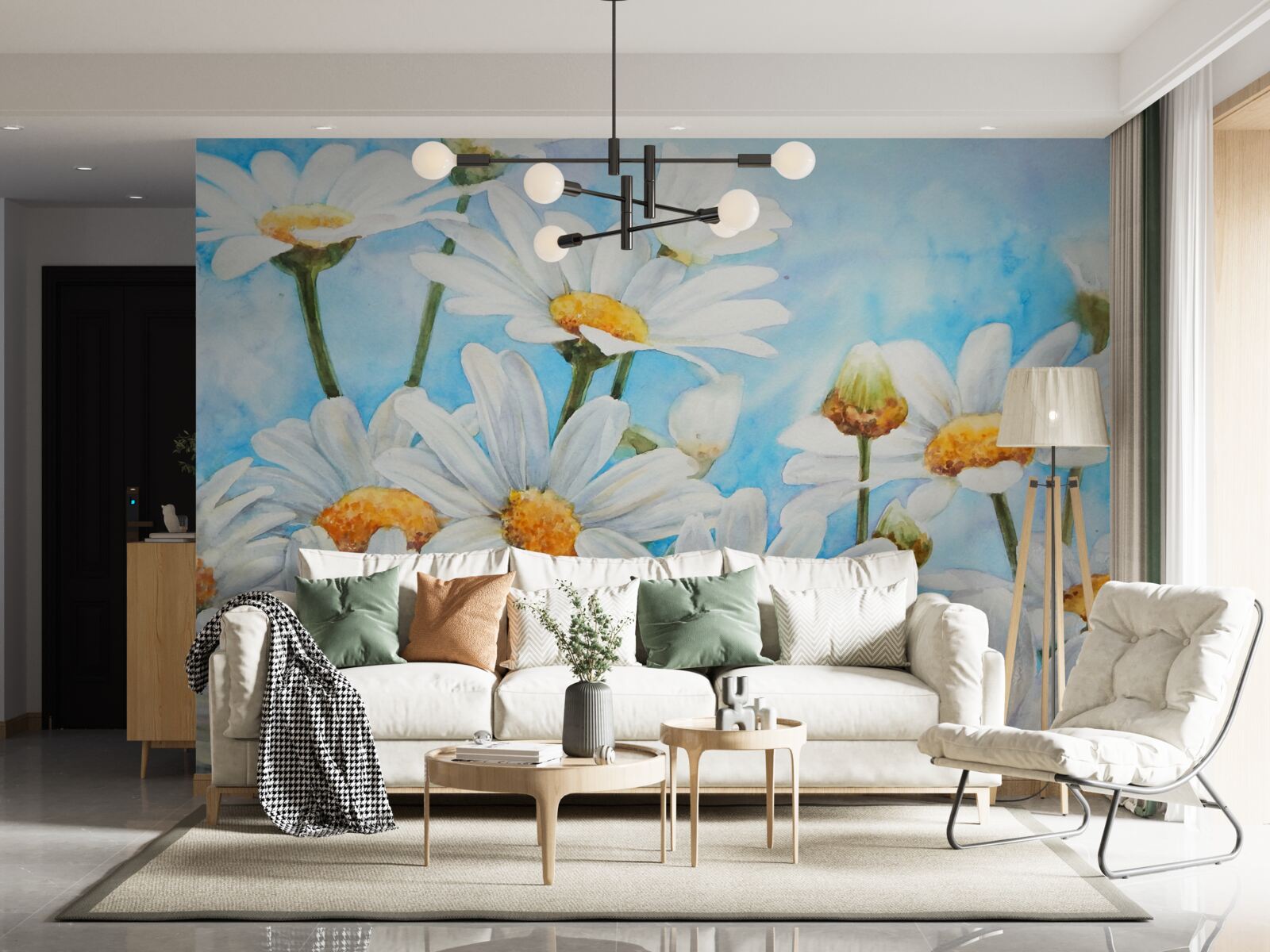 Fototapeta proti oblohe leží pole posiate bielymi letnými sedmokráskami