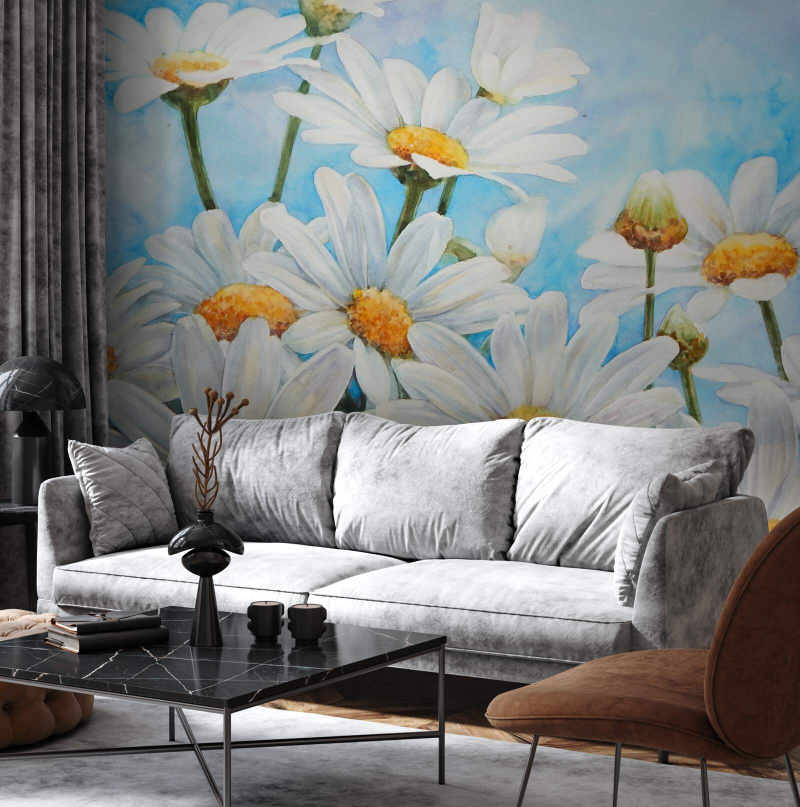 Fototapeta proti oblohe leží pole posiate bielymi letnými sedmokráskami