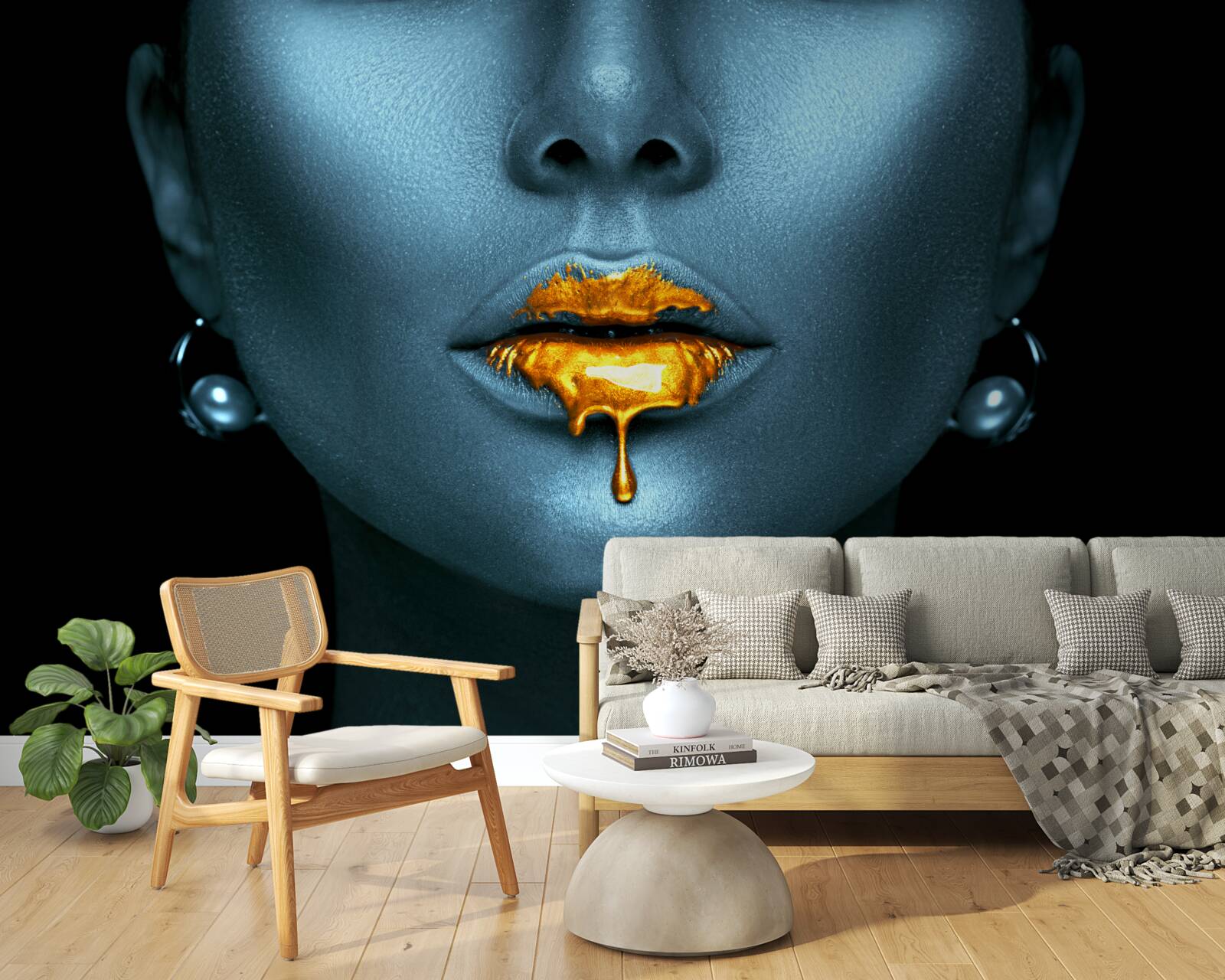 Fototapeta žena s perami pokrytými zlatou farbou