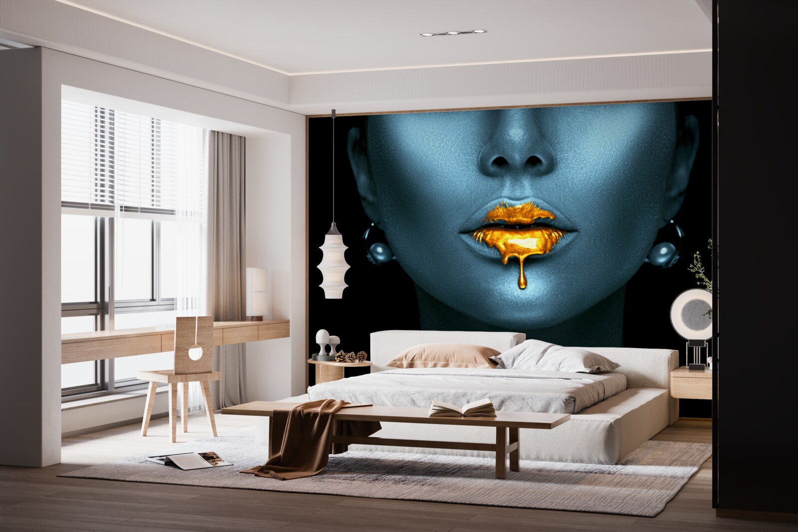 Fototapeta žena s perami pokrytými zlatou farbou