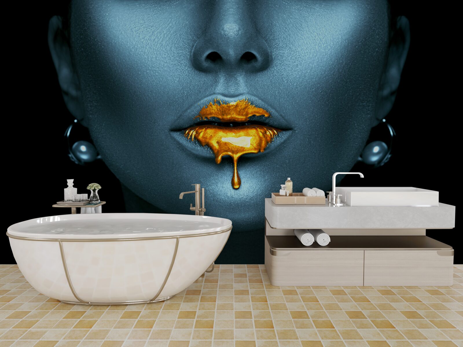 Fototapeta žena s perami pokrytými zlatou farbou