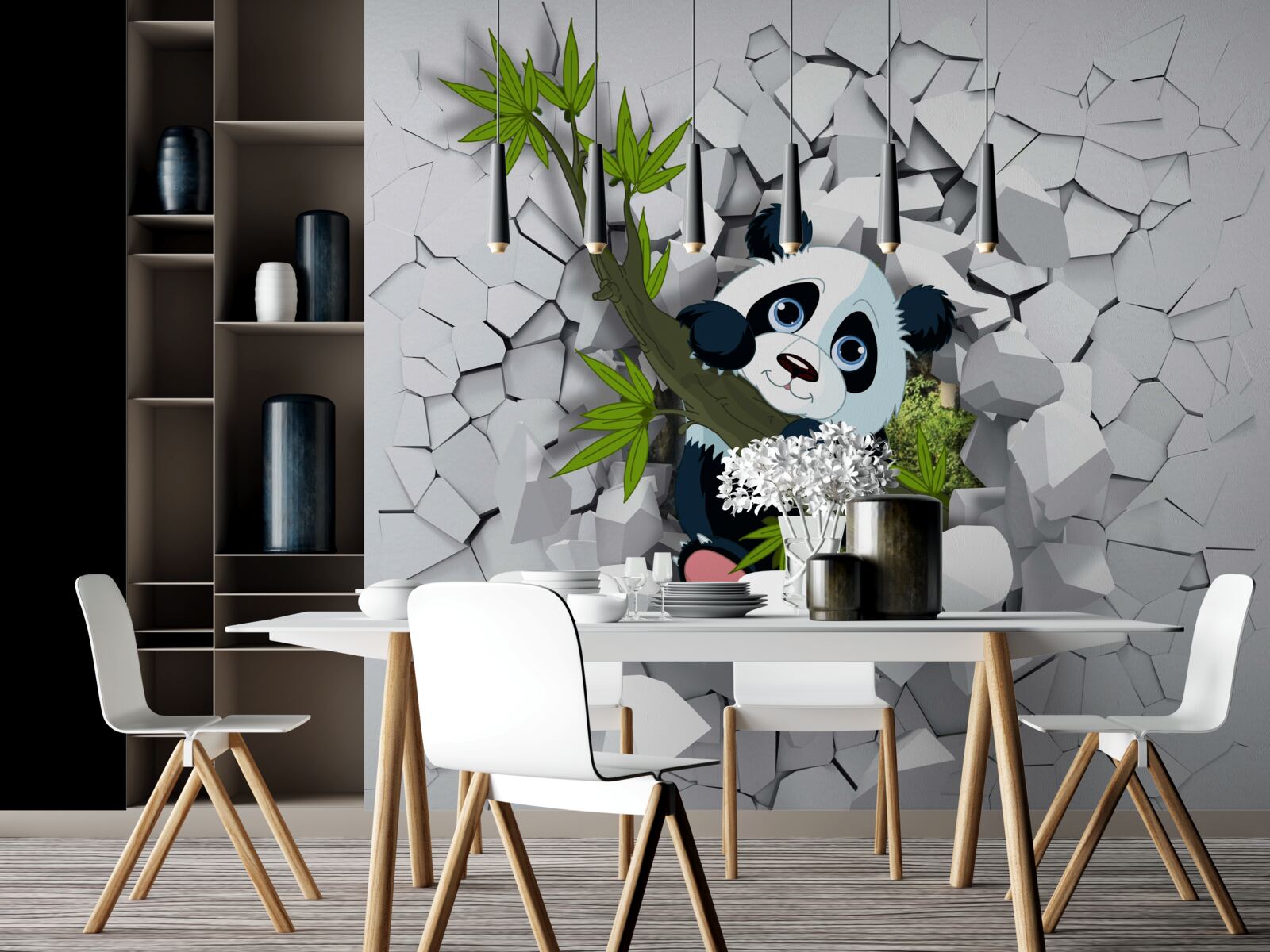 Fototapeta panda opatrne vykukne zo zničenej tehlovej steny