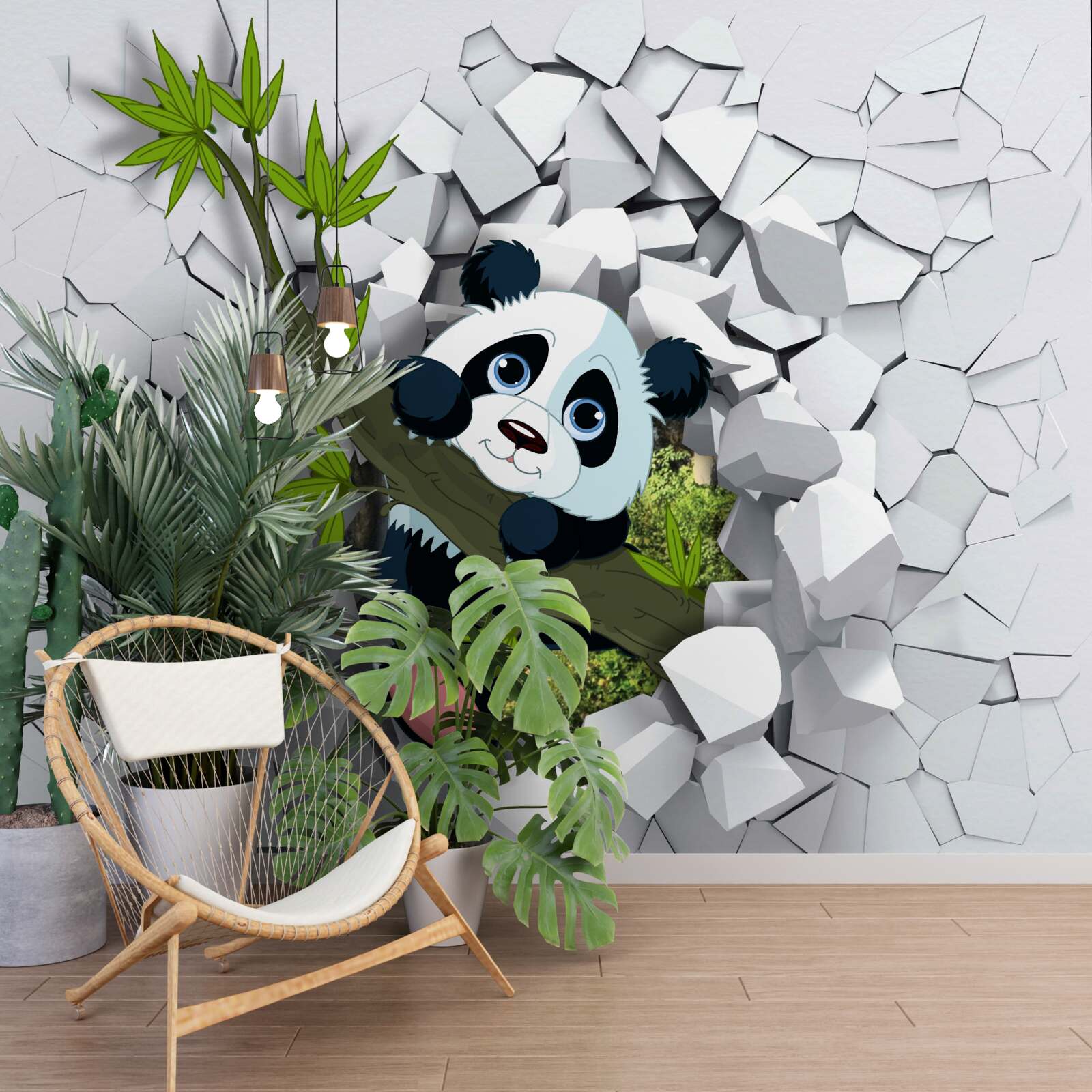 Fototapeta panda opatrne vykukne zo zničenej tehlovej steny