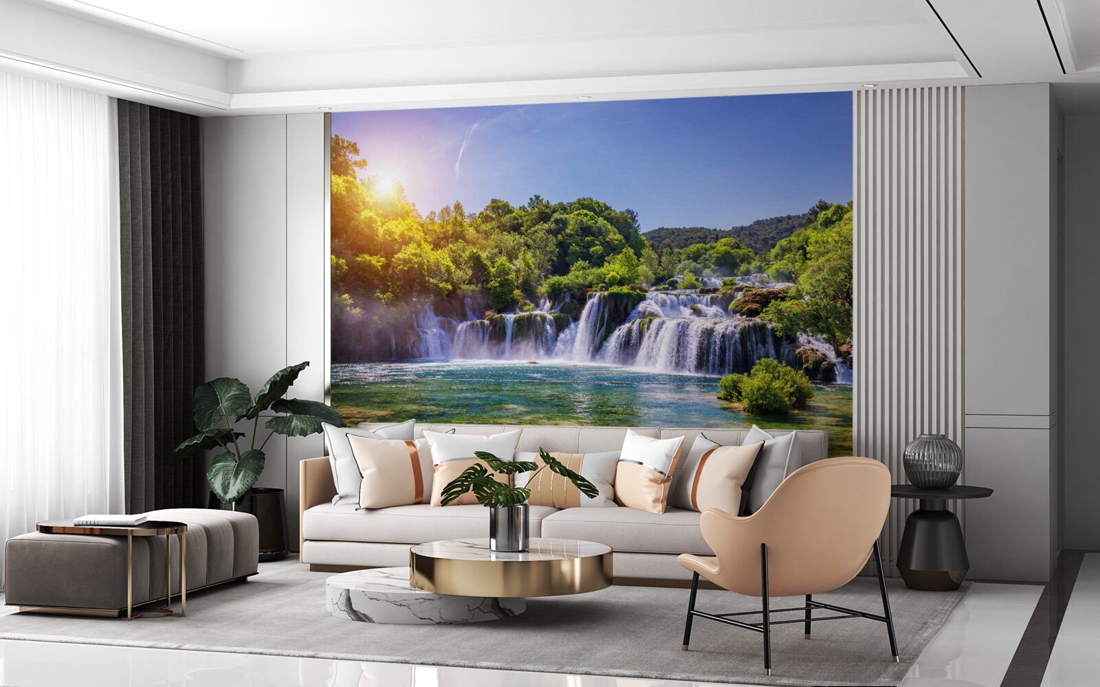 Fototapeta vodopád, rútiace sa vody pod padajúcim súmrakom, vydáva hlasný zvuk