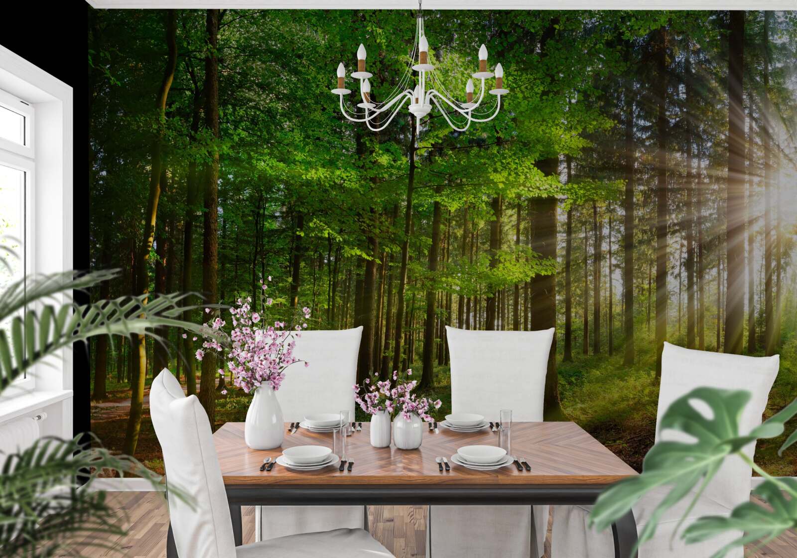 Fototapeta jasné slnko v lese pokryté zelenými listami