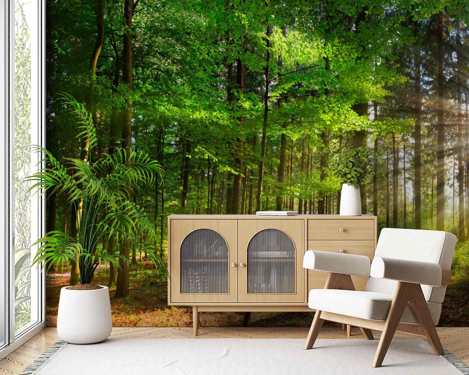 Fototapeta jasné slnko v lese pokryté zelenými listami