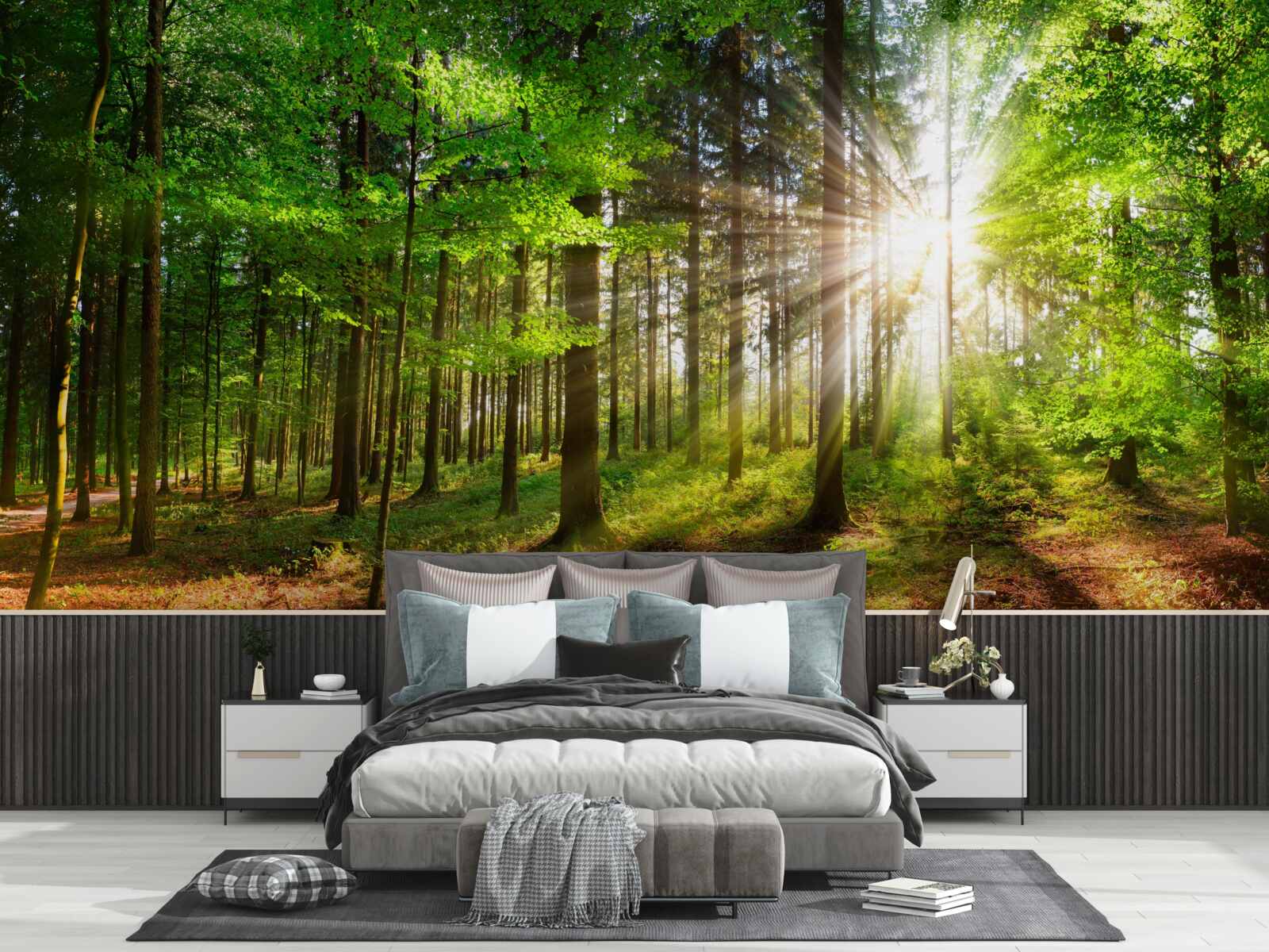 Fototapeta jasné slnko v lese pokryté zelenými listami