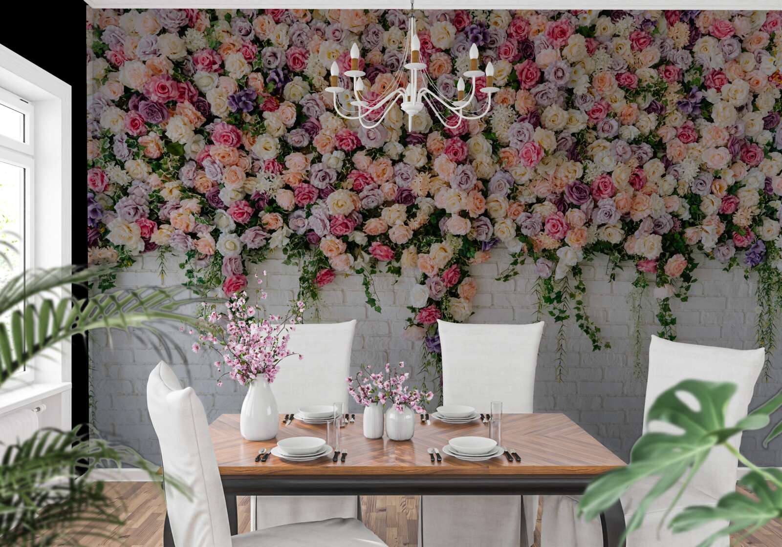 Fototapeta Tehlová stena zdobená kvetmi ružových kríkov